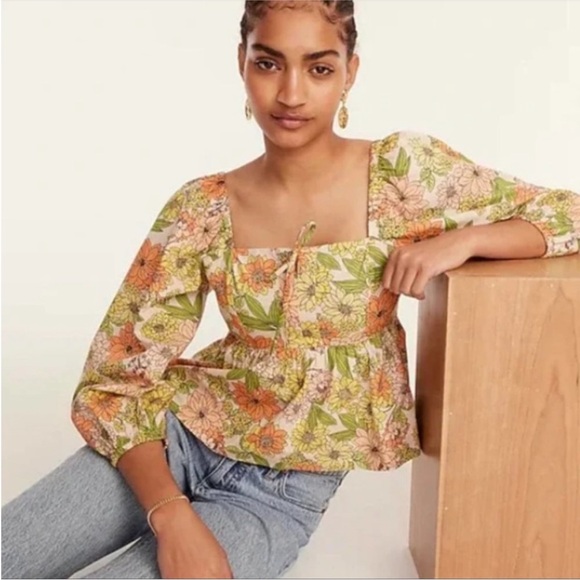 J. Crew Tops - J. Crew Reimagined Square Neck Floral Cotton Blouse Puffed Sleeve Top